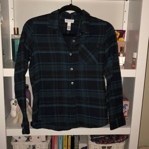 Dark and light blue brown plaid shirt